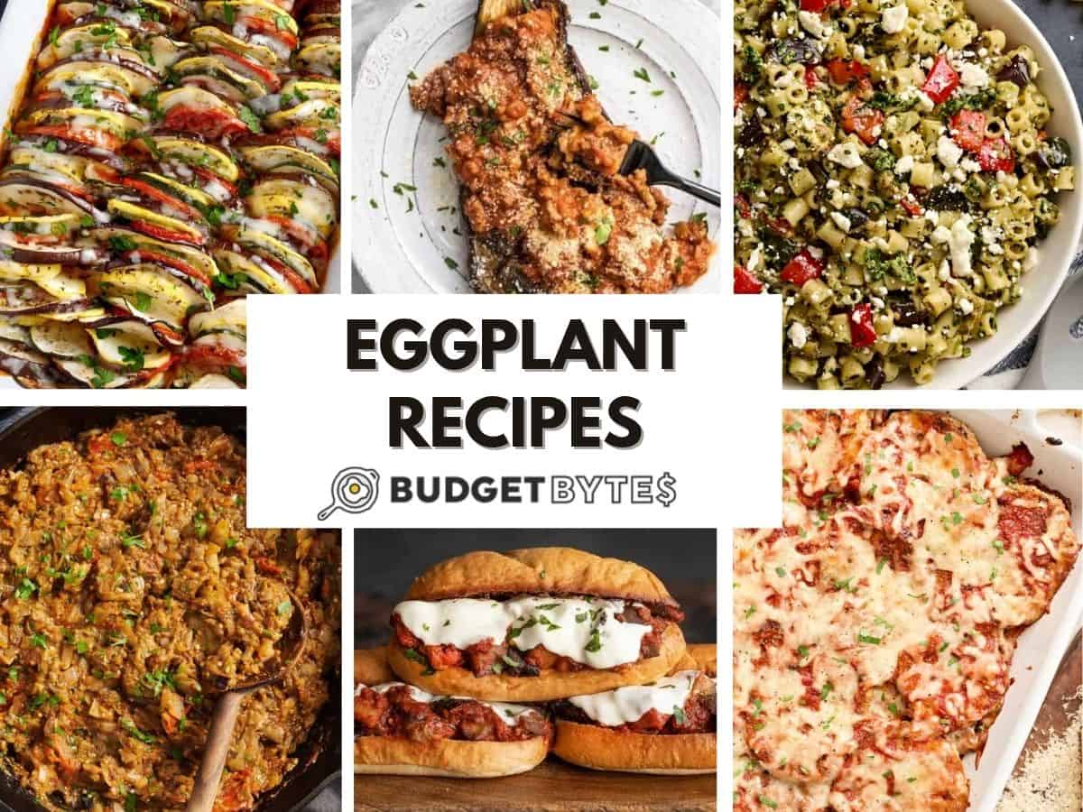 Un collage de recettes d'aubergines.