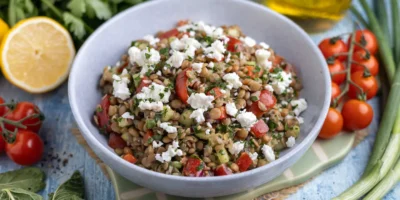 Salade de lentilles à la feta, concombre et tomates