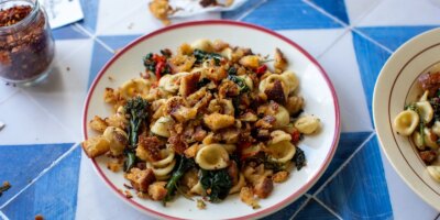 Cuisine italienne de Donal : Orecchiette aux légumes verts et pangratto épicé
