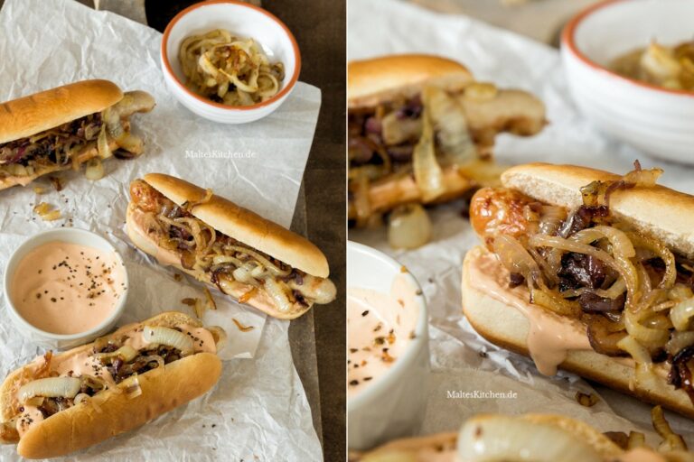Recette hot dogs avec bratwurst, sauce hot dog et oignons grillés