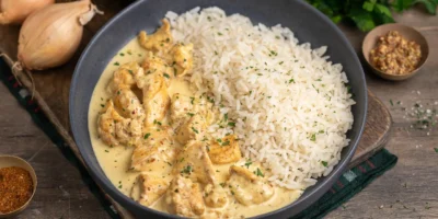 Poitrine de poulet tranchée dans une sauce crémeuse à la moutarde et au miel